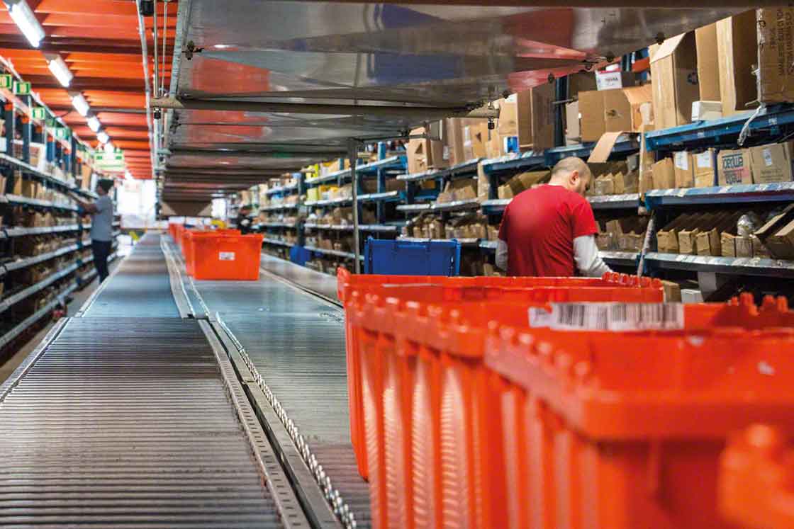 Do obsługi produktów o wysokiej rotacji w magazynie części zamiennych można zastosować regały półkowe i pętle przenośników Do obsługi produktów o wysokiej rotacji w magazynie części zamiennych można zastosować regały półkowe i pętle przenośników