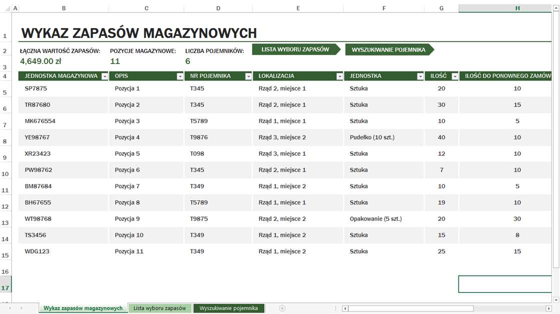 Przykładowy szablon do inwentaryzacji w Excelu