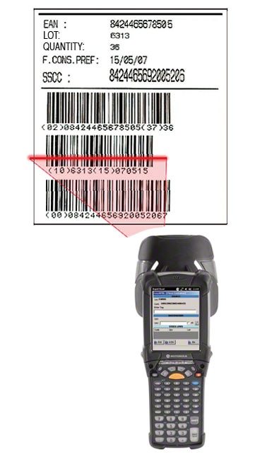 Przykład etykiety z kodem kreskowym EAN-128, za pomocą której dokonuje się identyfikacji palety, umieszczonego na niej produktu oraz jego cech.