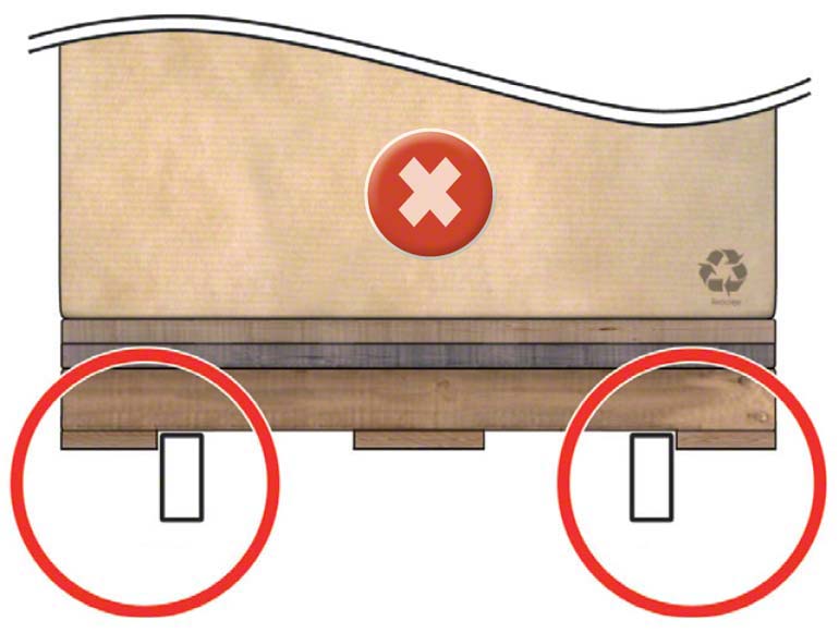 Belka jest bardzo zbliżona do dolnej deski. W momencie chwytania palety wózek może ją pchnąć i zdeformować belkę.