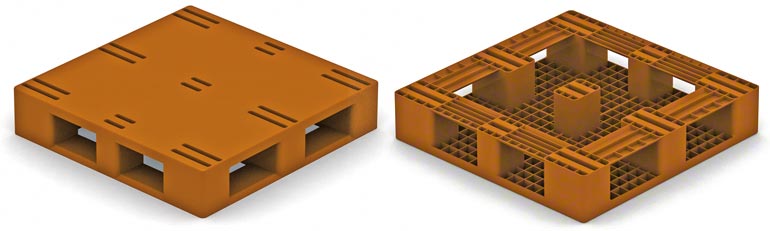 Ten model palety plastikowej jest bardzo podobny do typu 2 palety drewnianej, przy czym stopki są umieszczone na brzegach. Należy uwzględnić ograniczenia dotyczące typu 2 palety drewnianej.