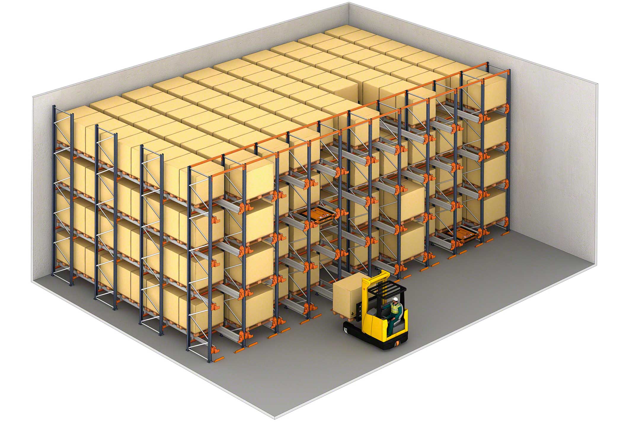 Przykład systemu wjezdnego z użyciem Pallet Shuttle i strefą kompletacji Przykład systemu wjezdnego z użyciem Pallet Shuttle i strefą kompletacji