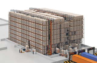 Automatyczny Pallet Shuttle umożliwia wejście i wyjście ładunków przez przednią i boczne strefy przenośników
