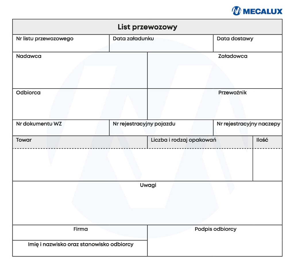 Przykładowy list przewozowy do wypełnienia wykorzystywany w magazynach logistycznych