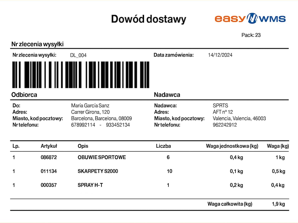 Przykładowy elektroniczny dokument dostawy generowany za pomocą systemu zarządzania magazynem Easy WMS Mecaluxu