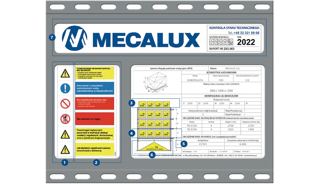 Przykład tabliczki znamionowej regałów firmy Mecalux