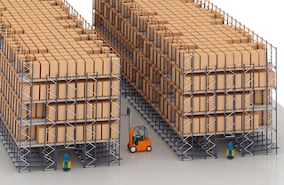 W dolnej części regałów można zainstalować poziomy przepływowe do ręcznej kompletacji