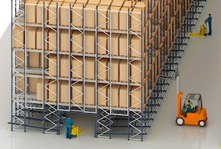 Pallet Shuttle z dolnymi poziomami regałów przepływowych przeznaczonych do kompletacji