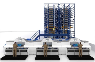 Magazyn można wyposażyć w kilka stanowisk kompletacyjnych o dużej wydajności, aby zwielokrotnić liczbę przygotowywanych zamówień